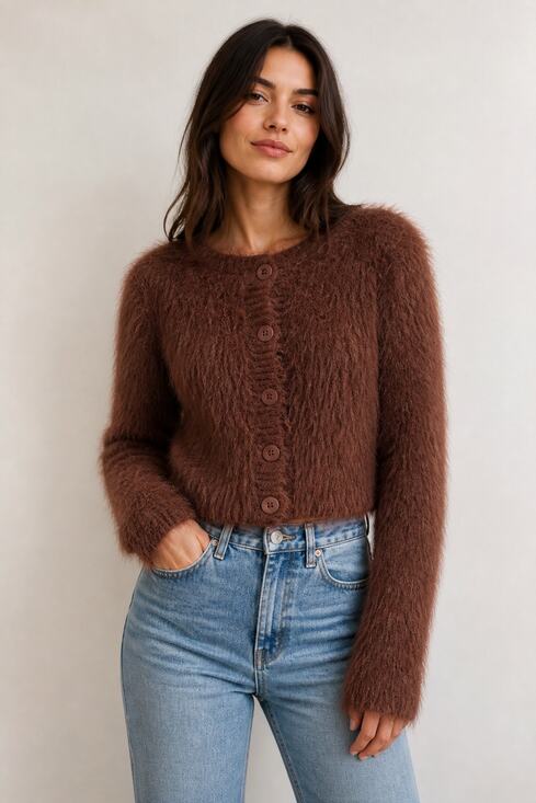 Zara Tops - ZARA S Brown Fuzzy Cropped Cardigan Sweater